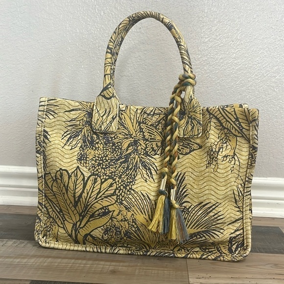 VINCE CAMUTO Orla Canvas Tote Blue Yellow with swingy tassel charms tropical - Picture 2 of 14